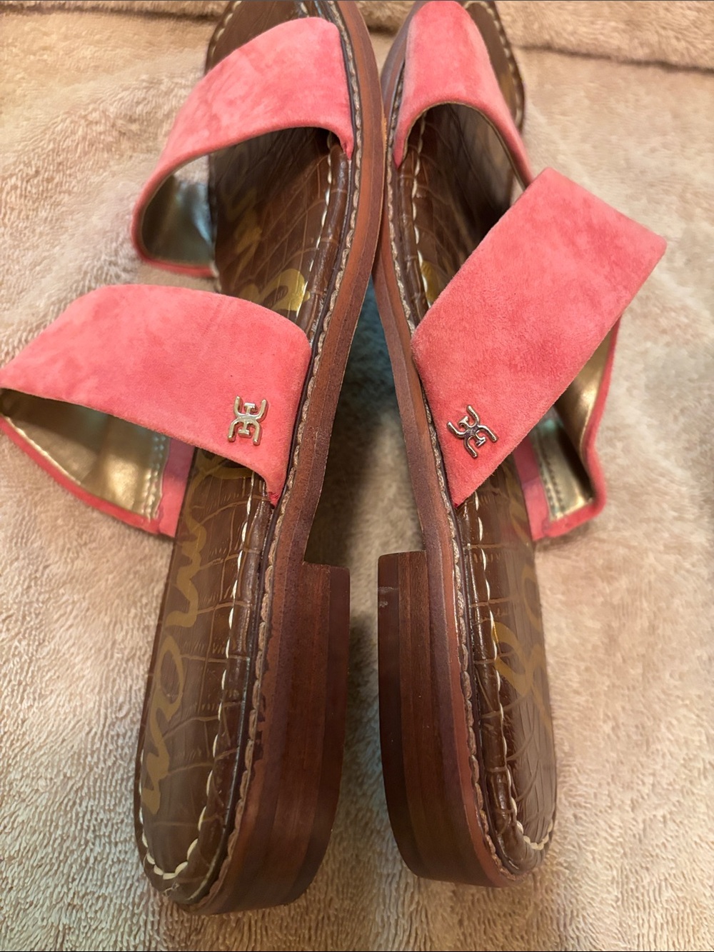 Sam Edelman Coral/Pink Suede Double-Strap Slide Sandals - size 10 - Picture 3 of 9